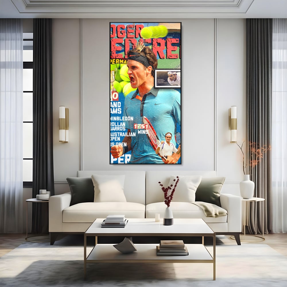 Tablou canvas cu tablou canvas cu roger federer si racheta de tenis, in rama de aluminiu negru, pe perete intr-un living